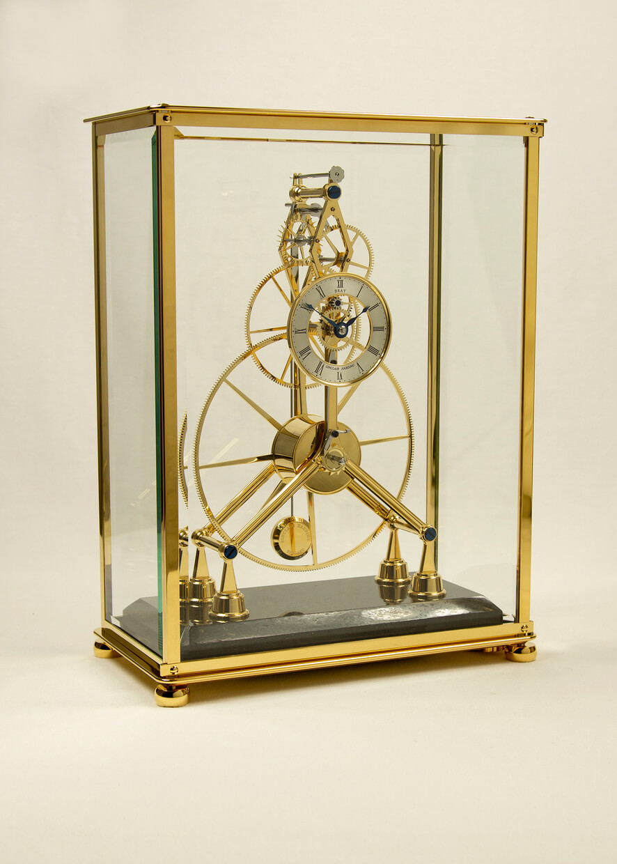 Sinclair Harding Tischuhr Great Wheel Skeleton Clock vergoldet